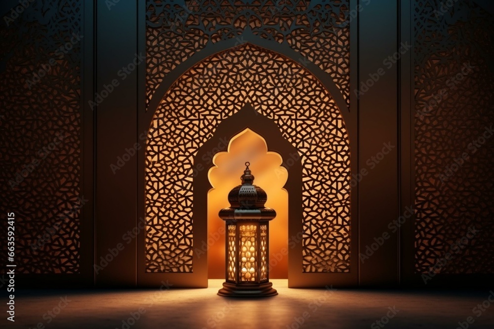 Background with Islamic decoration, lantern, and Arabic window. Copy space available. Generative AI