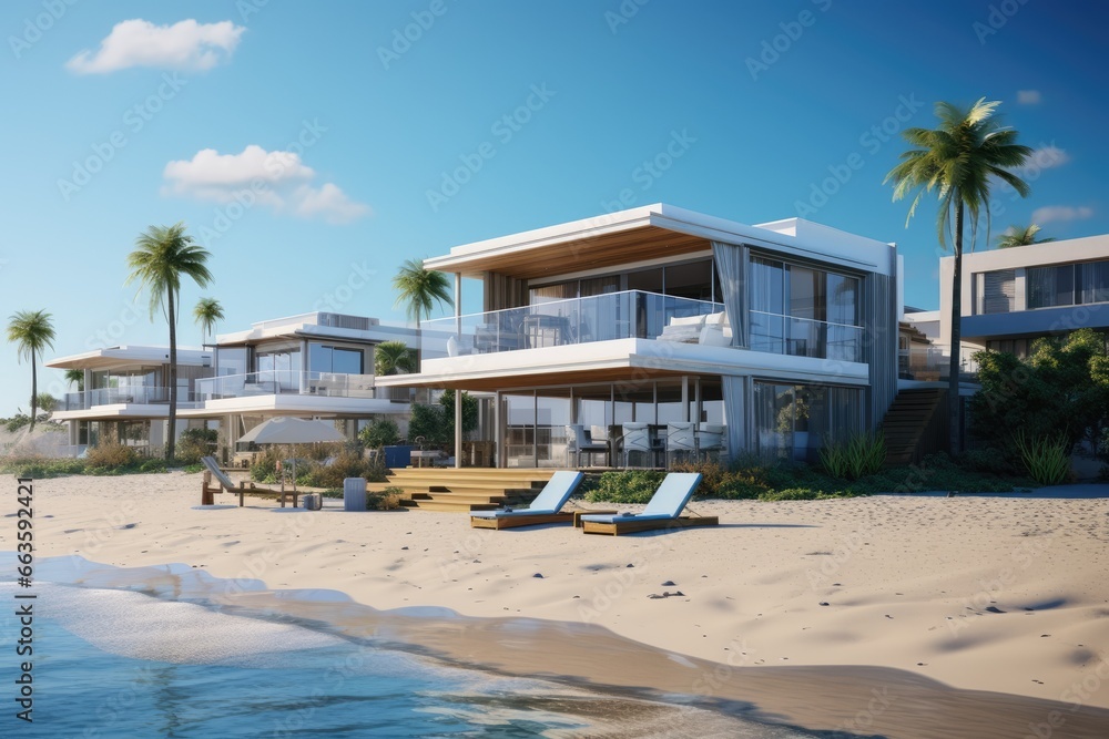 Luxury Coastal Villa Complex Bathed in Sunlight, Featuring Sleek Modern Design, Palm Trees, and Panoramic Sea Views with Direct Beach Access