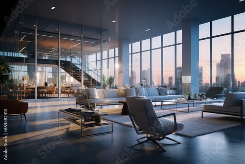 Luxurious Urban Penthouse with Expansive Glass Walls, Showcasing Sunset Cityscape, Featuring Sleek Furniture and A Floating Staircase