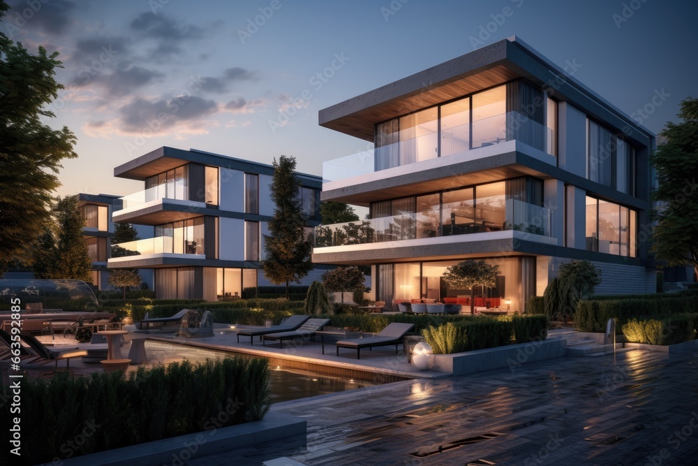 Elegant Modern Residences at Dusk: Tiered Glass Facades, Reflective Pools, Ambient Outdoor Lighting, and Lush Landscaping