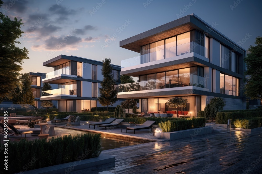 Obraz premium Elegant Modern Residences at Dusk: Tiered Glass Facades, Reflective Pools, Ambient Outdoor Lighting, and Lush Landscaping