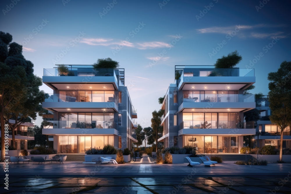 Contemporary Urban Oasis at Twilight: Stacked Luxury Apartments with Transparent Balconies, Illuminated Interiors, and Serene Landscaped Courtyard