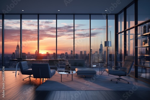 Ultra-Modern Penthouse Living Space with Panoramic Sunset View of City Skyline, Plush Seating and Elegant Décor