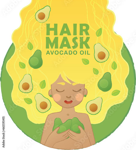 Avocado igredient for hair care vector illustration. Avocado hair mask or shampoo label packagining design. Cartoon cute blonde girl with long wavy hair enjoys the hair product photo