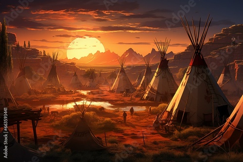A scene depicting a Native American village with traditional teepee tents. Generative AI © Meliora