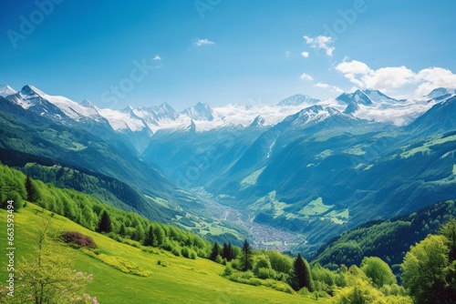 Stunning Swiss Alps view featuring snow-capped peaks and green valleys. Generative AI © Rowan