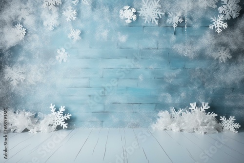 Winter-themed backdrop adorned with frozen snowflake. A perfect setting for the holiday season. Generative AI