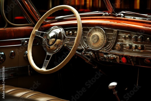 Opulent car interior - display, wheel, lever, and dashboard. Generative AI © William