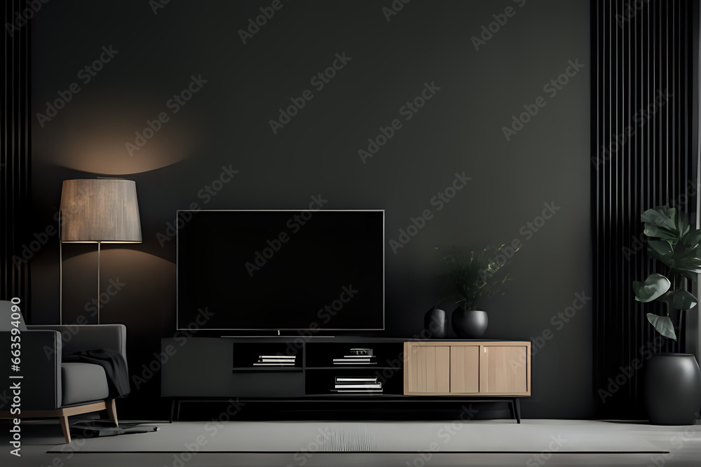 Interior mock up living room. cabinet for TV or place object in modern living room with lamp,table and armchair. Black style interiors Interior mock up living room. cabinet for TV or place object in modern living room with lamp,table and armchair. Black style interiors