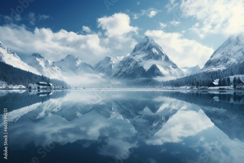 Majestic mountains capped with snow, reflecting on a calm mirror-like lake. © Bijac