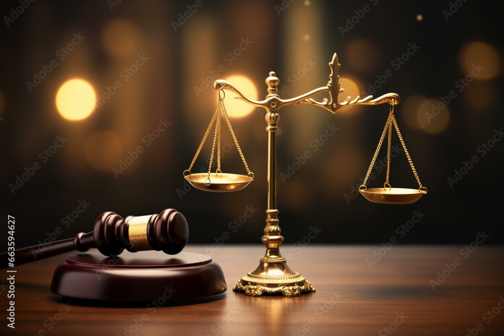 Wooden gavel and justice scales in court. Law, judiciary, jurisprudence, justice concept. Generative AI - obrazy, fototapety, plakaty 