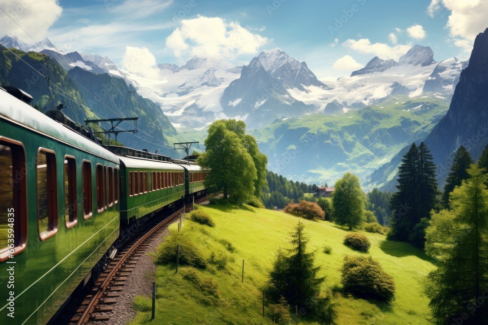 Scenic train journey through Swiss Alps, passengers lost in nature's beauty.
