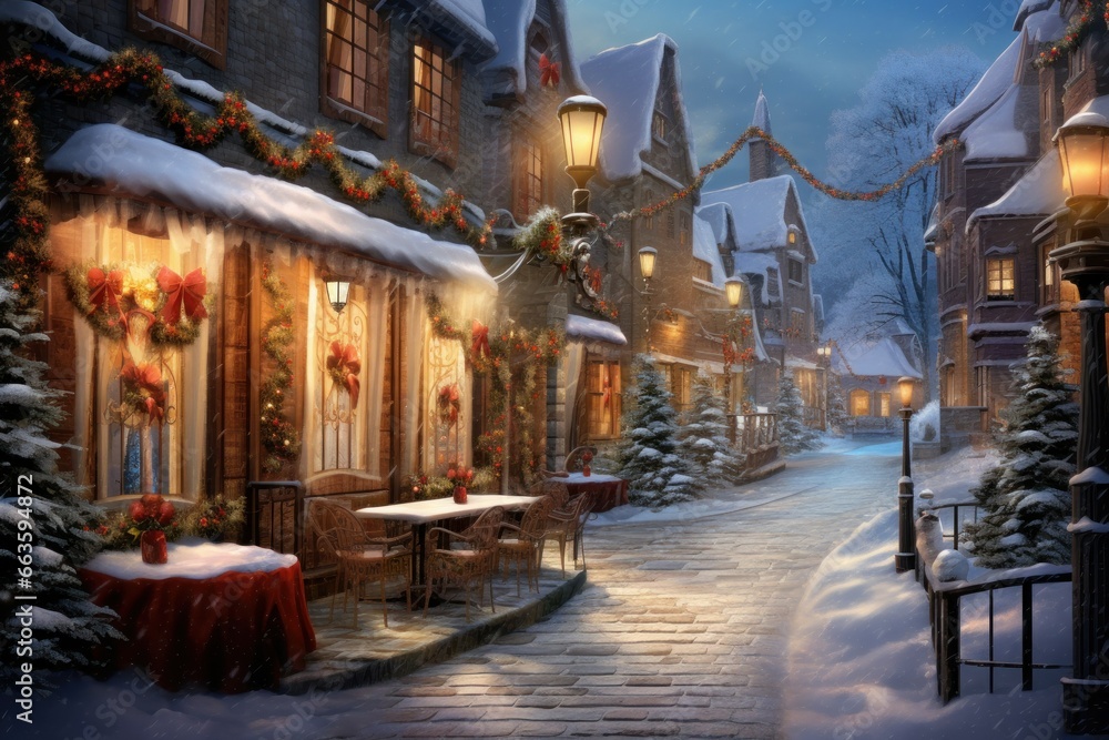 Silent snowfall in a quaint European village, lanterns lighting cobblestone streets. Silent snowfall in a quaint European village, lanterns lighting cobblestone streets.