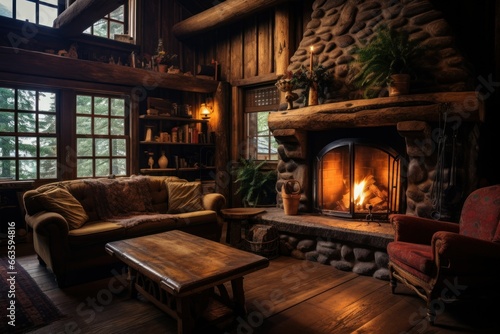 Rustic wooden cabin interior with roaring fireplace, cozy winter retreat.