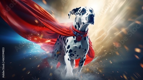 Picture of a Dalmatian in a superhero costume flying through the air