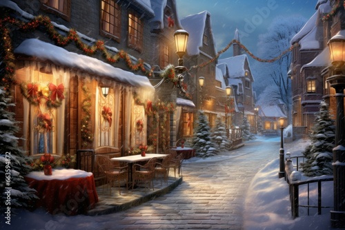 Silent snowfall in a quaint European village, lanterns lighting cobblestone streets. © Bijac