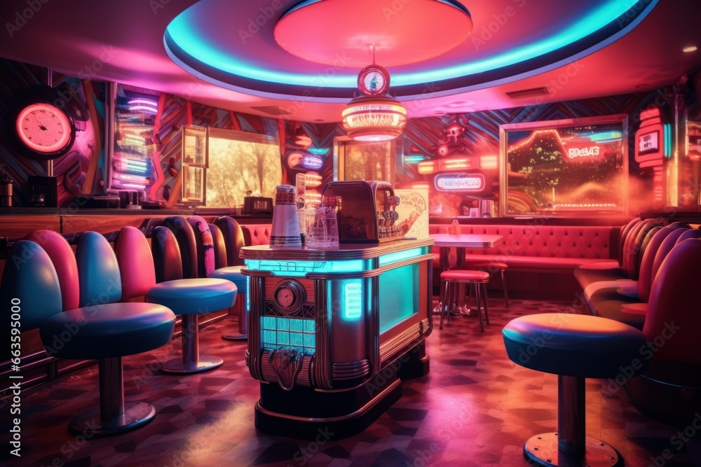 Vintage 1950s diner with neon lights, jukebox and retro vibes