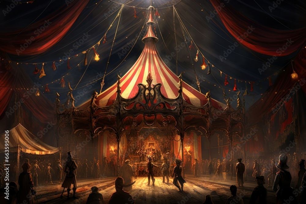 Vintage circus tent, with acrobats, jugglers, and a trapeze artist thrilling the audience. - obrazy, fototapety, plakaty 