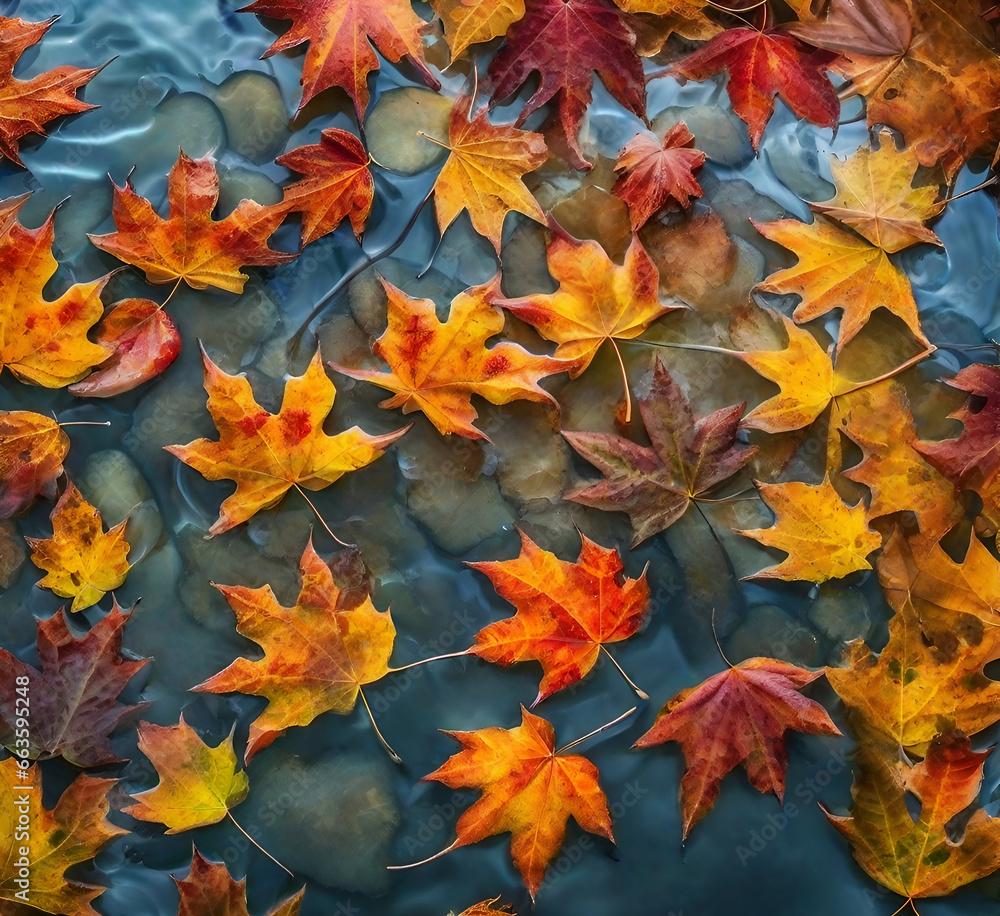 Colorful fallen leaves floating in water, autumn background. Colorful fallen leaves floating in water, autumn background.