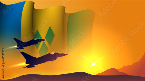 fighter jet plane with saint vincent and the grenadines waving flag background design with sunset view suitable for national saint vincent and the grenadines air forces day event photo