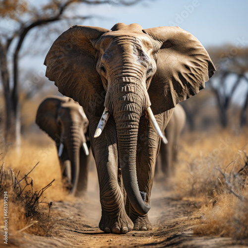  a gray elephant walking in a savanna    © Sekai