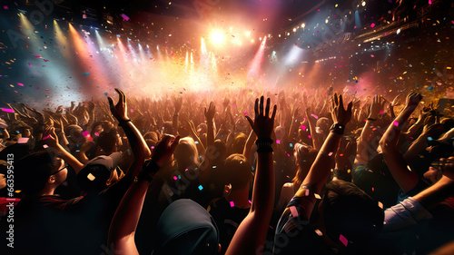 Crowd back with hands up in a concert with colorful confetti particles and light