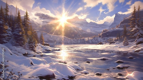 Leinwand Poster ［AI生成画像］雪山、川の風景、晴天19
