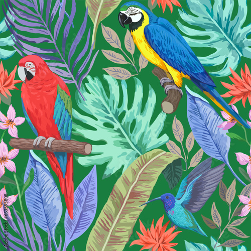 Colorful tropical seamless pattern with exotic birds and flowers. Vector illustration.