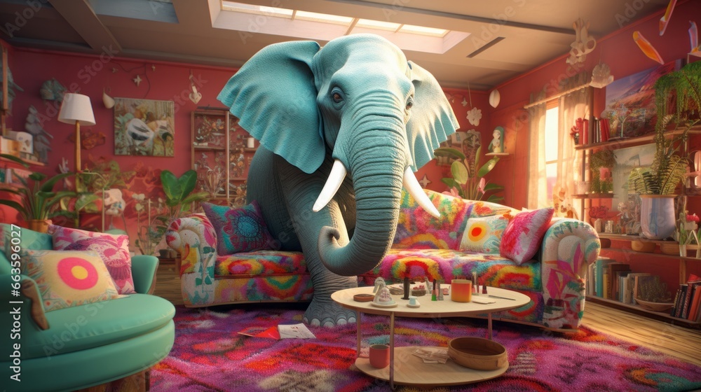 The Elephant in the Room: Surreal Room with elephant - obrazy, fototapety, plakaty 