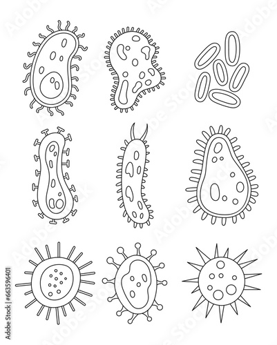 Different types of viruses. Coloring Page. Bacteria, biological microorganism, good and bad microbiota. Hand drawn style. Vector drawing. Collection of design elements.