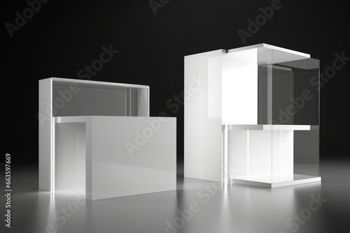 White promo counter stand, front and side view, 3d rendering. Empty pop up exhibition mock up. Clear store portable desk template. Trade kiosk presentation. Generative AI