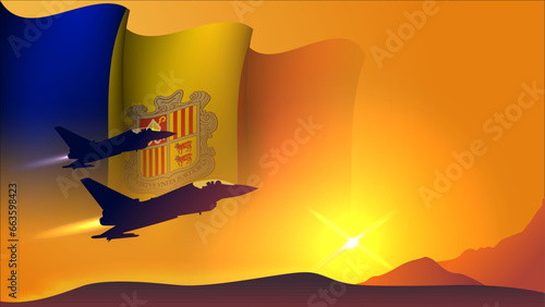 fighter jet plane with andorra waving flag background design with sunset view suitable for national andorra air forces day event