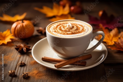 A steaming cup of Pumpkin Spice Latte on a rustic wooden table, surrounded by autumn leaves and cinnamon sticks, under a soft morning light