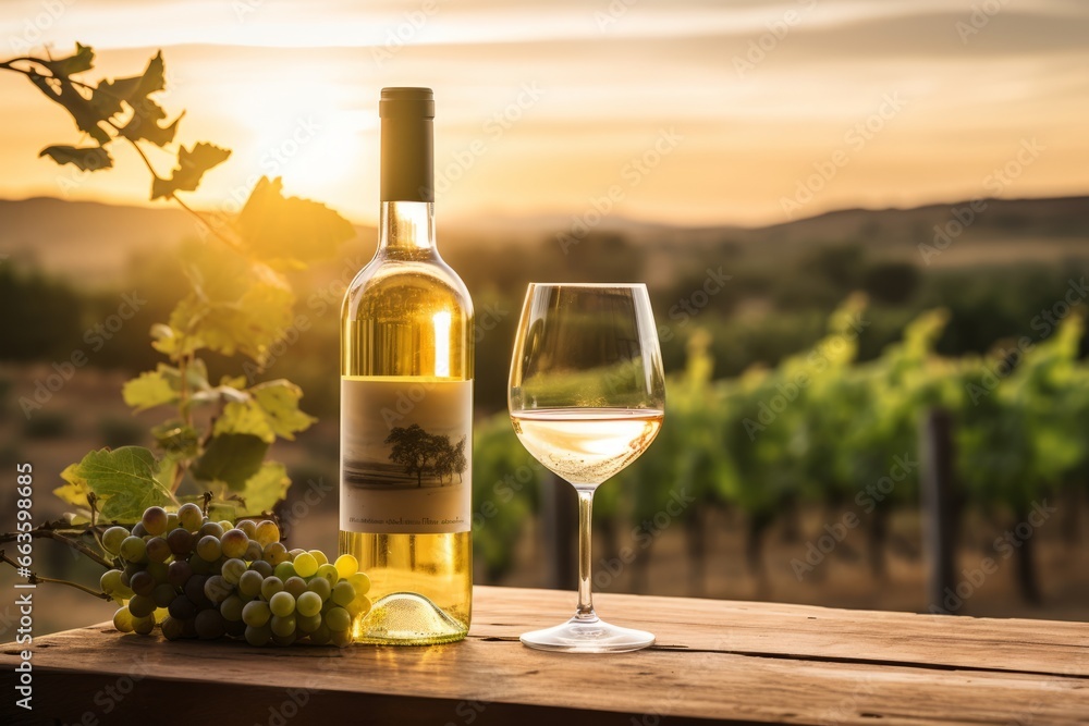 A bottle of aromatic Torrontes wine, elegantly placed on a rustic wooden table, with a backdrop of lush vineyards under the golden Argentinian sunset