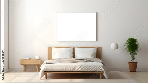 mockup of a painting in a minimalist bedroom with lamps and modern decoration
