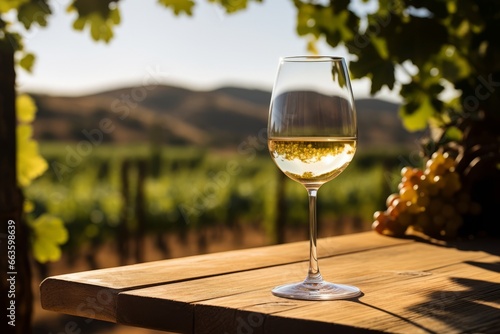 A chilled glass of Chenin Blanc wine sitting on a rustic wooden table against a backdrop of lush vineyards under the late afternoon sun