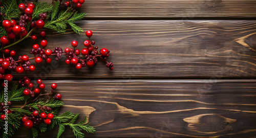 brown wooden background arranged with Christmas /New Year's decor with space for text. pine branch and berries on retro wooden background.
