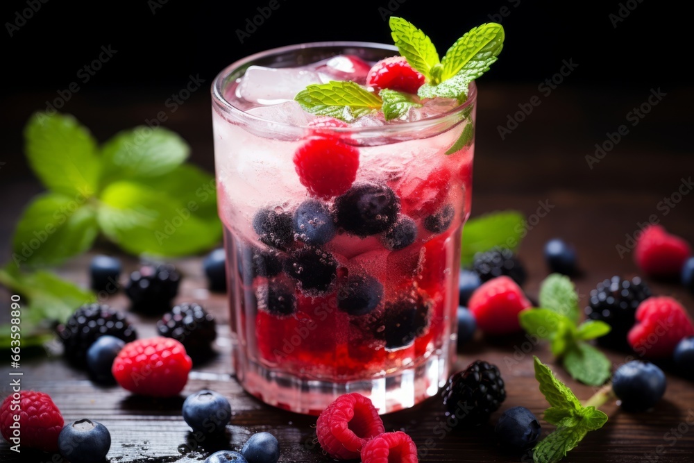 A Close-up Shot of a Refreshing Berry and Mint Cooler, Perfect for a Hot Summer Day, Garnished with Fresh Mint Leaves and Mixed Berries A Close-up Shot of a Refreshing Berry and Mint Cooler, Perfect for a Hot Summer Day, Garnished with Fresh Mint Leaves and Mixed Berries