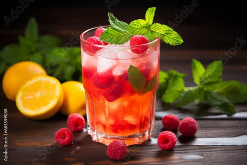 A vibrant, refreshing glass of mango and raspberry blend, beautifully garnished with fresh mint leaves and served on a rustic wooden table