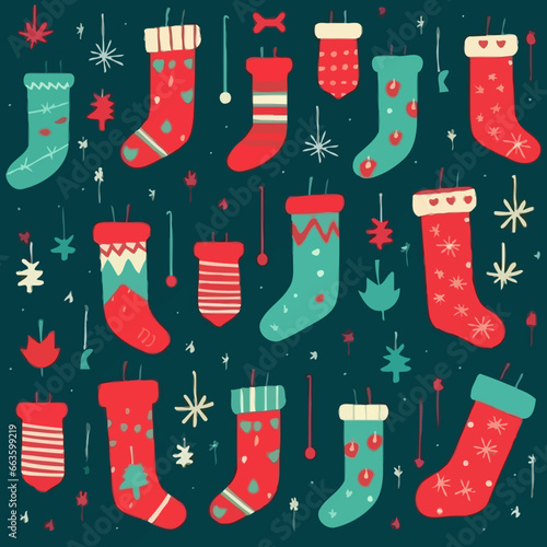 Christmas stockings quirky doodle pattern, background, cartoon, vector, whimsical Illustration