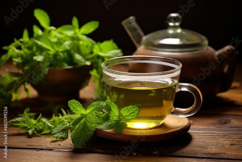 A steaming cup of freshly brewed peppermint tea sits on a rustic wooden table, surrounded by loose tea leaves and a vintage teapot