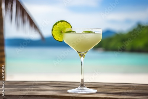 A refreshing glass of classic Daiquiri cocktail garnished with a lime slice  served on a rustic wooden table against a vibrant tropical beach backdrop