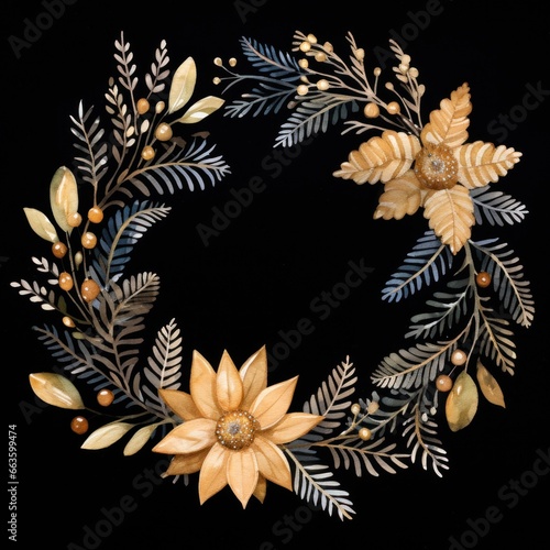 watercolor Christmas wreath of leaves, flowers and berries on a black background.elements for the design of Christmas cards and banners