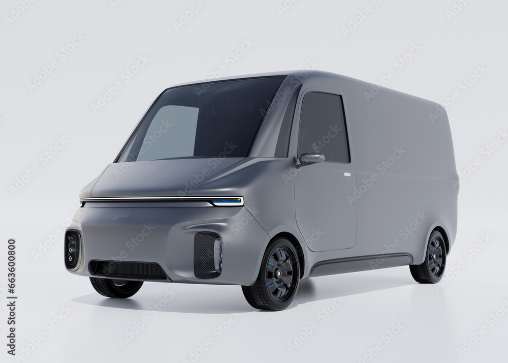 Silver Electric Delivery Van on light gray background. Generic design. 3D rendering image. Silver Electric Delivery Van on light gray background. Generic design. 3D rendering image.