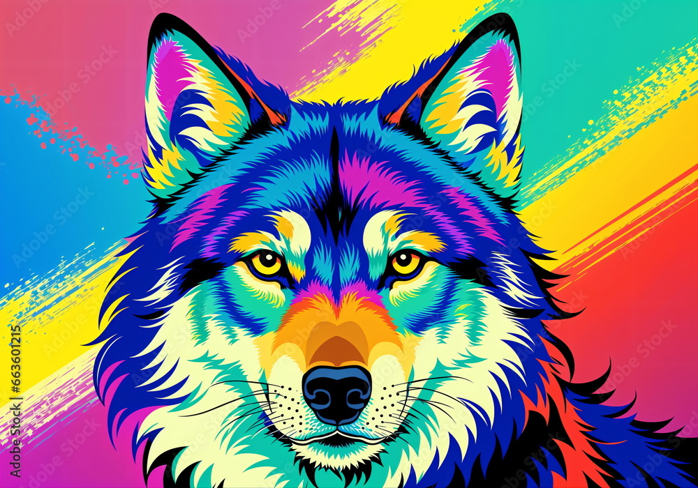 Naklejka premium Vibrant Wolf Portrait: A Rainbow Splash of Energetic Artistry