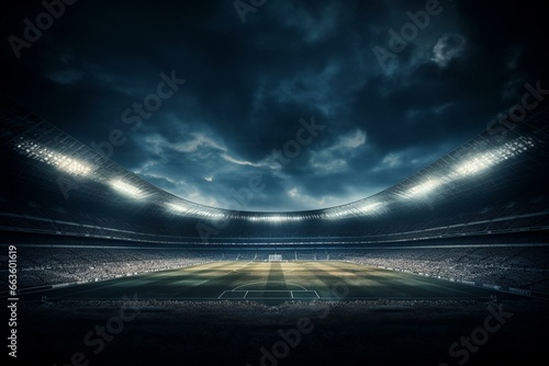 Lights illuminating a soccer stadium on a dark night. Generative AI