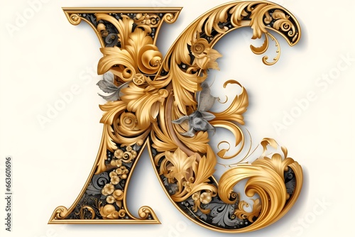 alphabet letter K with gold ornated art