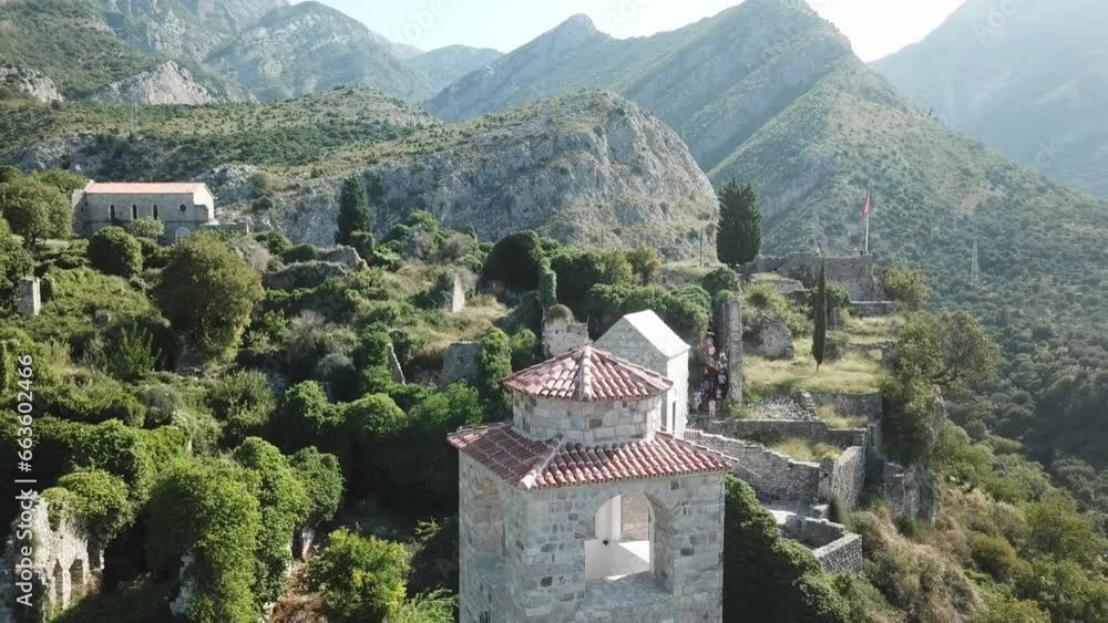 aerial close up to old stone medieval castle of Stari Bar small town in Montenegro aerial close up to old stone medieval castle of Stari Bar small town in Montenegro