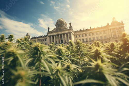 Huge cannabis plants in front of the parliament representing legalization of marijuana by the government photo