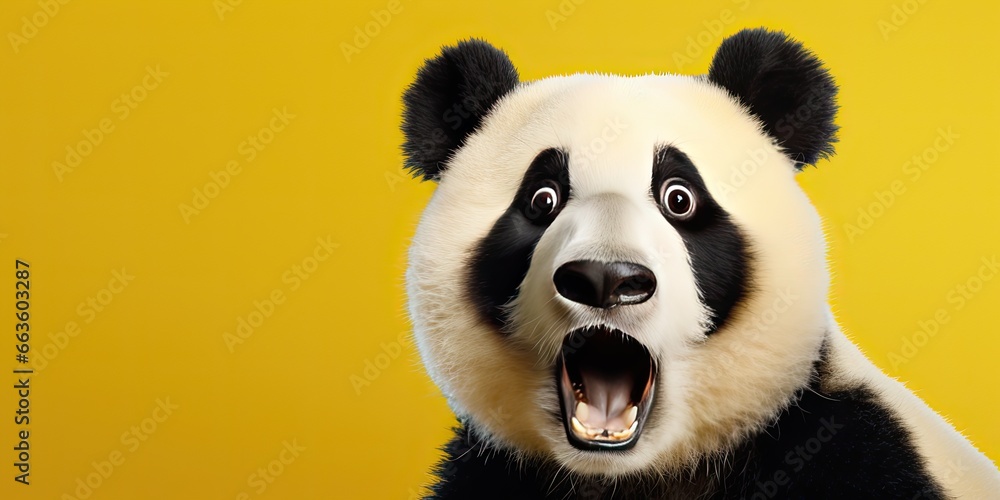 Obraz premium illustration of surprised panda, on yellow background, generative AI
